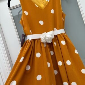 Joe-Ella Mustard Polka Dot Dress with White Flower Belt